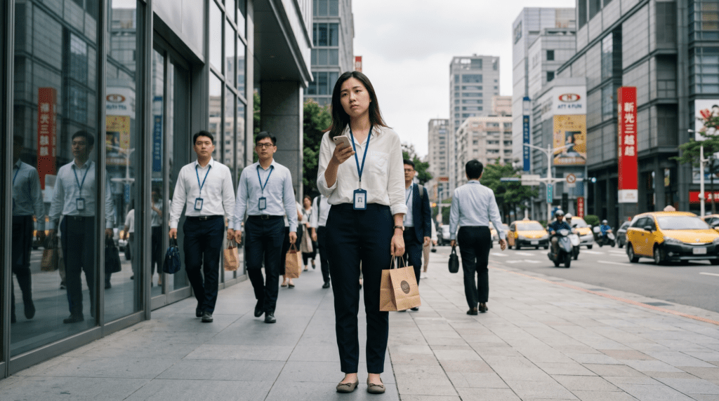 信義區午間人潮街景，上班族手持便當穿梭於高樓大廈間