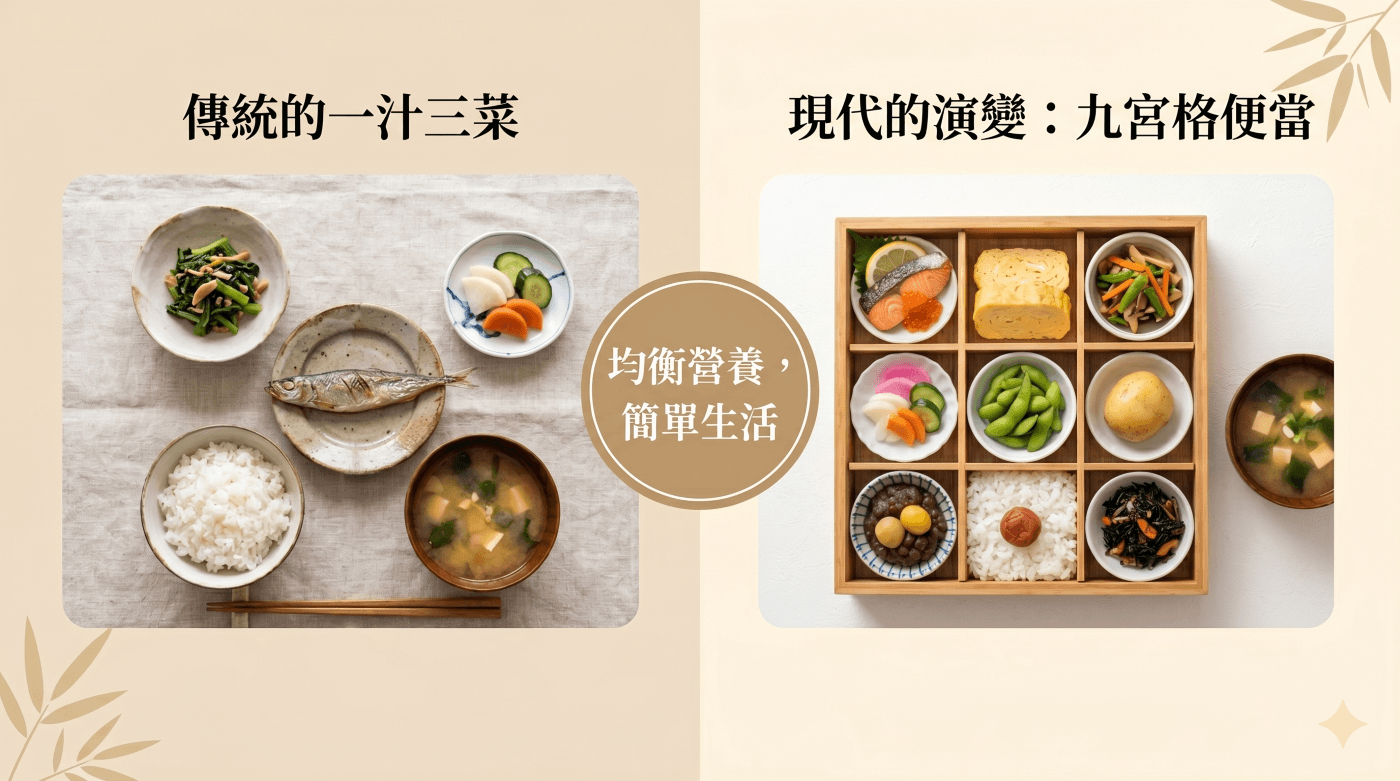 傳統一汁三菜與現代九宮格便當的對照圖解，呈現飲食結構演變