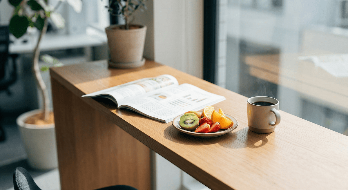 一個明亮的辦公空間角落,木質吧檯上放著一本翻開的營養學雜誌,旁邊搭配一小盤切好的新鮮水果與一杯黑咖啡。光影自然灑落,呈現出一個職場人懂得照顧自己生理時鐘的從容午後氛圍,不要有任何文字。