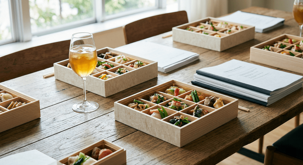 一張充滿自然採光的木質會議桌,桌上放著幾個外觀精緻、以日式木盒或極簡紙盒包裝的九宮格便當,旁邊搭配著一杯高腳杯裝的冷泡茶與幾份整齊的會議文件