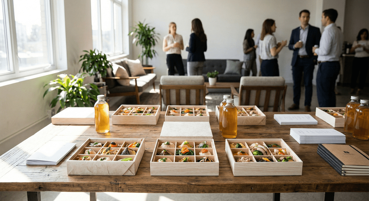 一個充滿設計感、採光良好的明亮企業活動空間。背景有模糊的人影在輕鬆交談，前景聚焦在一張長型木桌上，桌上整齊排列著幾個用淺色木紋紙盒包裝的日式九宮格便當，旁邊放著幾瓶玻璃瓶裝的冷泡茶。畫面營造出放鬆、有質感且令人期待的企業聚會氛圍。