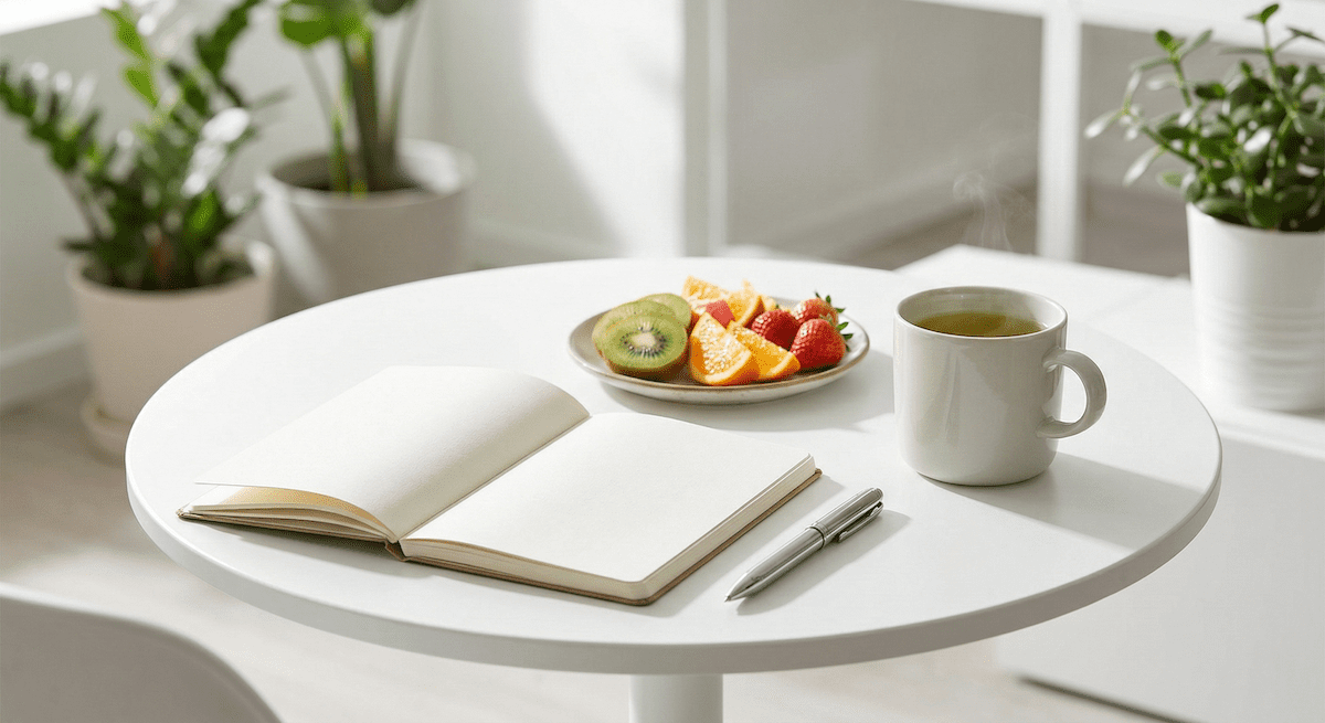 一張簡約的白色圓桌，桌上放著一本打開的質感筆記本、一支金屬鋼筆，以及一小盤色彩繽紛的鮮蔬沙拉與一杯清澈的綠茶。光影柔和，呈現出清晰、冷靜且健康的午後思緒狀態。