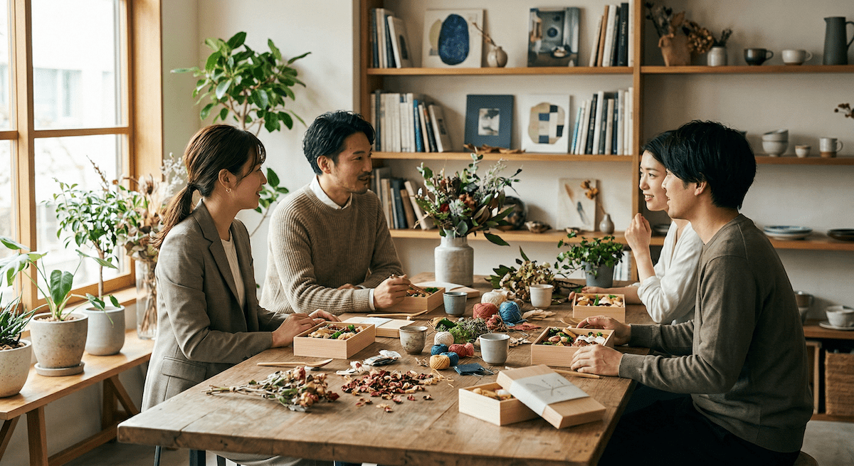 一個充滿自然採光與綠意植栽的質感空間(類似手作工作坊或文青咖啡廳),幾位穿著商務休閒服的職場男女正圍繞著一張木桌輕鬆交談,桌上散落著一些花藝素材與幾個精緻的日式木盒便當。畫面呈現出放鬆、有質感且具備高度美感的團隊聚會氛圍