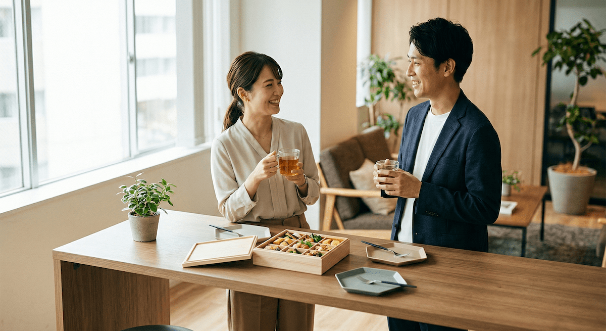 一個明亮的辦公室休息區角落,兩位同事手裡拿著冷泡茶,正站在一個高腳吧檯旁笑著聊天。吧檯上放著一個打開的九宮格便當與幾何造型的餐具。光影柔和灑落,呈現出不刻意、自然流動的職場社交氛圍